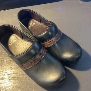 Dansko Black Leather Clogs with Brown Strap
